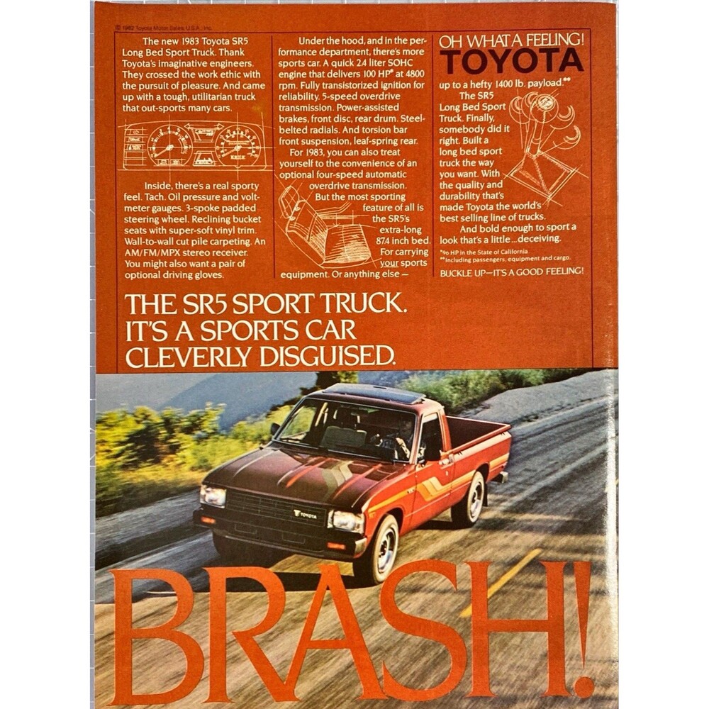 Toyota SR5 Sport Truck "It's a Disguised Sports Car Its BRASH!"Vtg Print Ad 1983